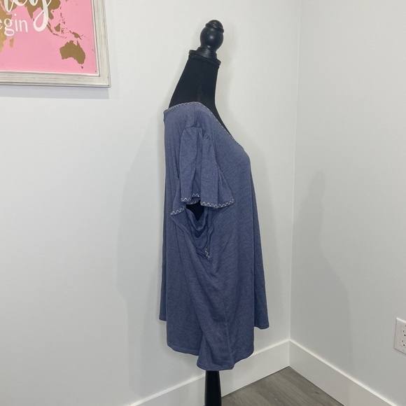 Max Studio Denim-Like Round Neck Short Ruffle Sleeve Top - Picture 5 of 8